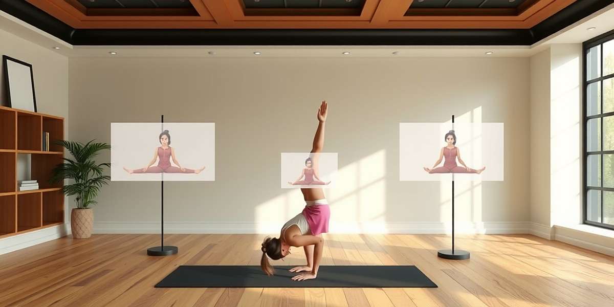 Vrikshasana in Yoga Studio Sprint Yoga Studio Sprint showing a player practicing Vrikshasana (Tree Pose) with on-screen guides indicating proper form and alignment