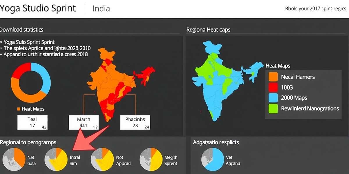 Yoga Studio Sprint Download Statistics Infographic showing Yoga Studio Sprint download statistics across India with regional heat maps and user demographics