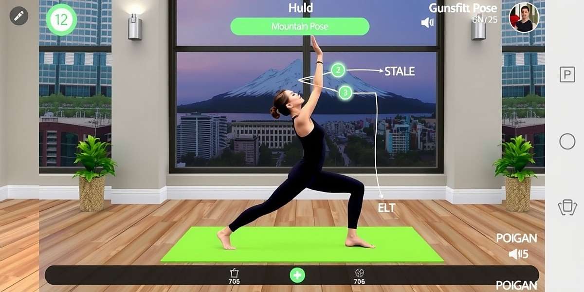 Yoga Studio Sprint Gameplay Yoga Studio Sprint gameplay showing a player following an on-screen guide to perform the Mountain Pose with posture detection technology