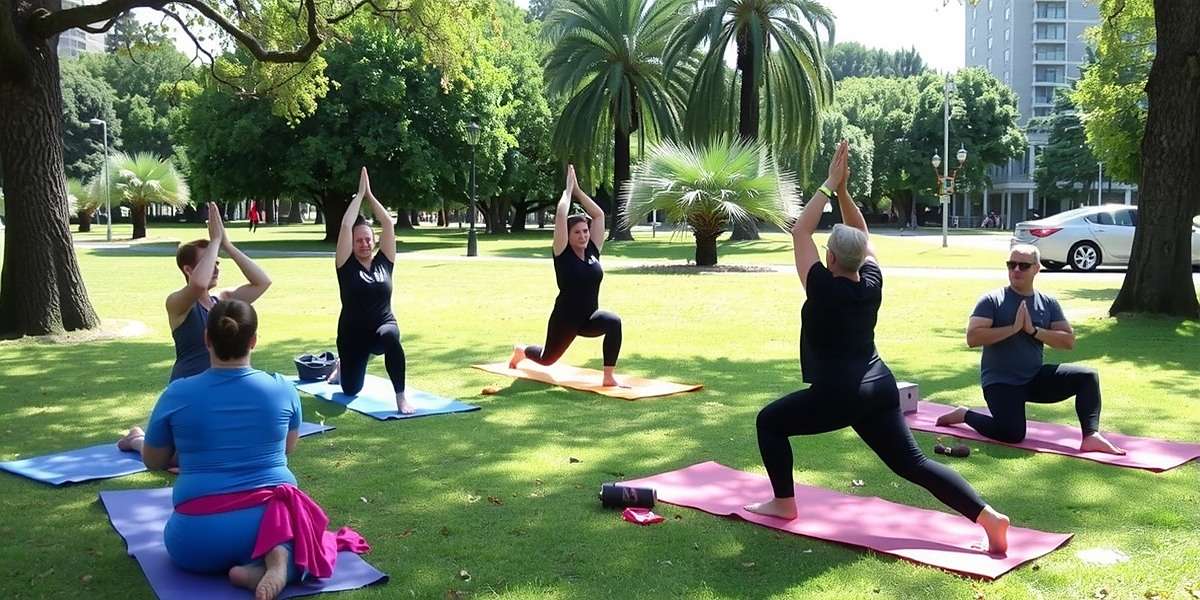 Yoga Studio Sprint Community Event Yoga Studio Sprint community event showing a group of players practicing yoga together in a park using the app's multiplayer mode with a local instructor