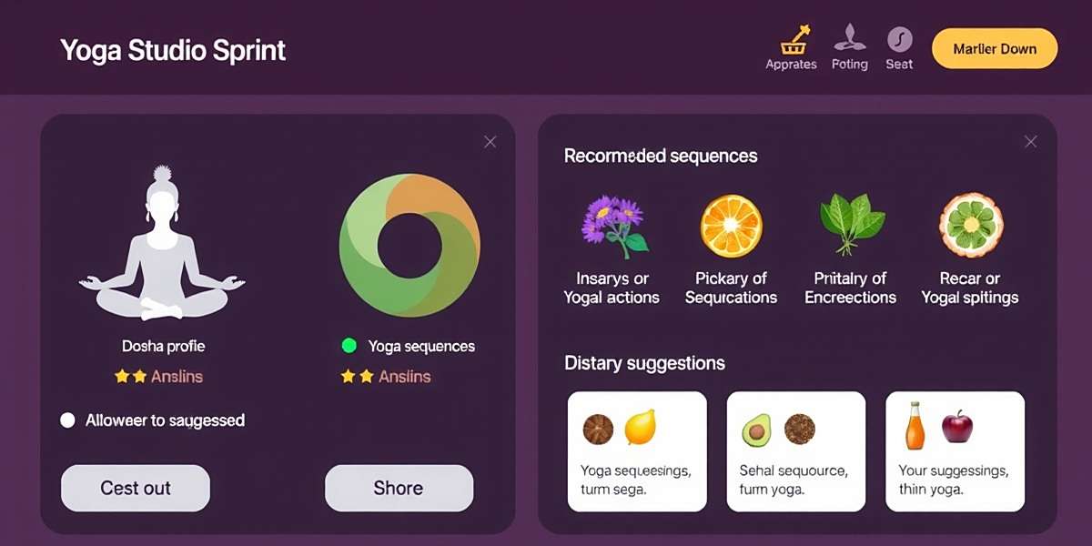 Upcoming Ayurveda Feature Concept art for Yoga Studio Sprint's upcoming ayurveda integration feature showing a user's personalized dosha profile with recommended yoga sequences and dietary suggestions